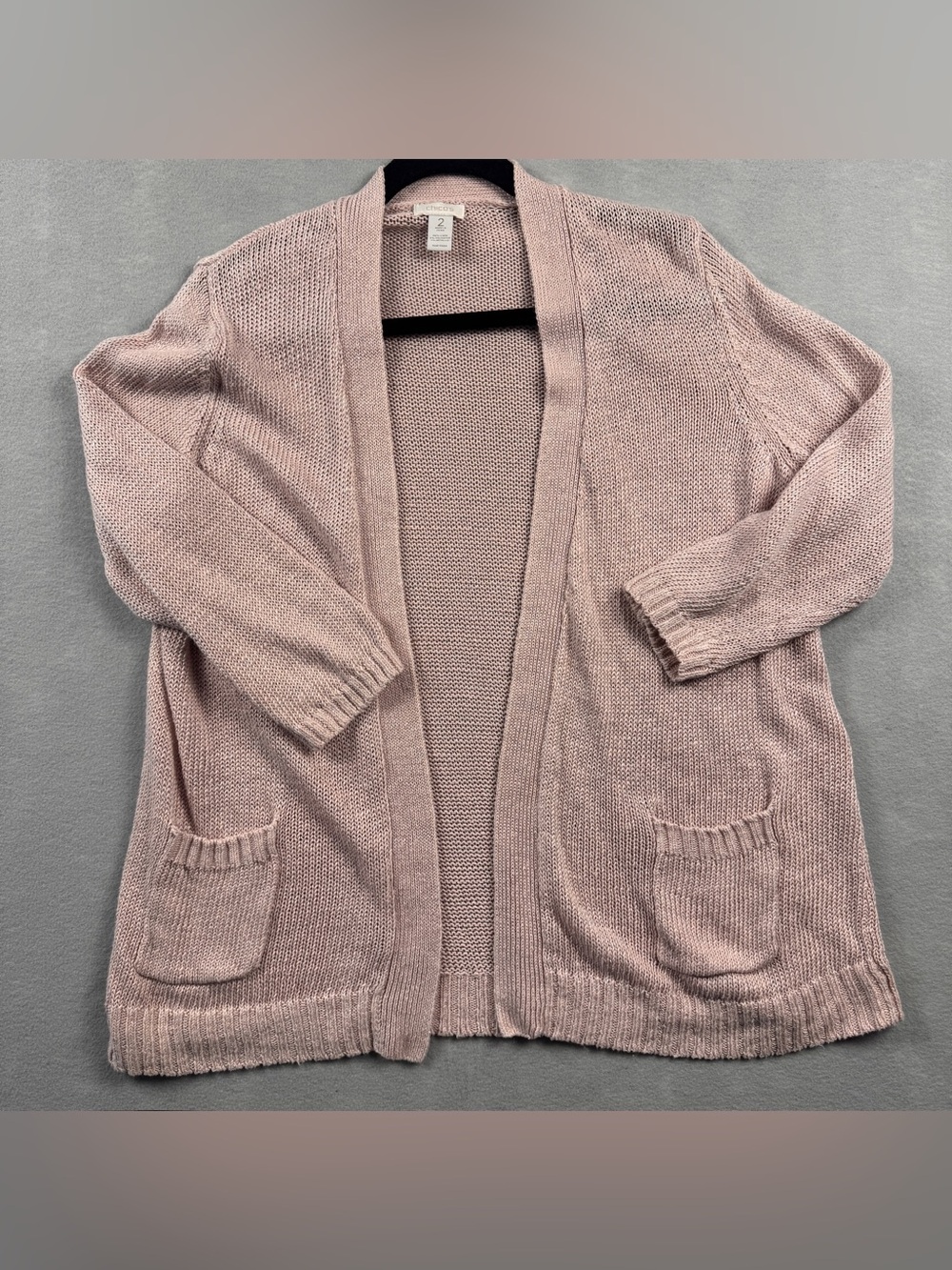 Chicos Women’s Size 2 Metallic Dusty Pink Knitted Open Front Cardigan Pockets